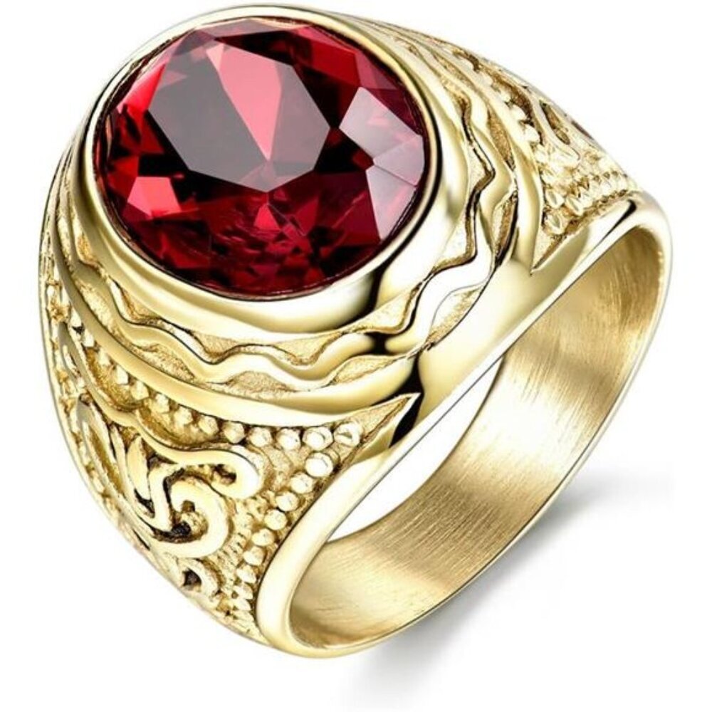 Engraved Stainless Steel Mens Ring Red Synthetic Ruby Crystal Gold Color